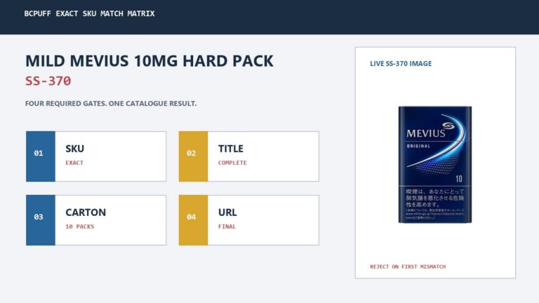 BCPuff SS-370 lookup matrix matching Mild MEVIUS 10mg Hard Pack by SKU, title, carton unit and live image